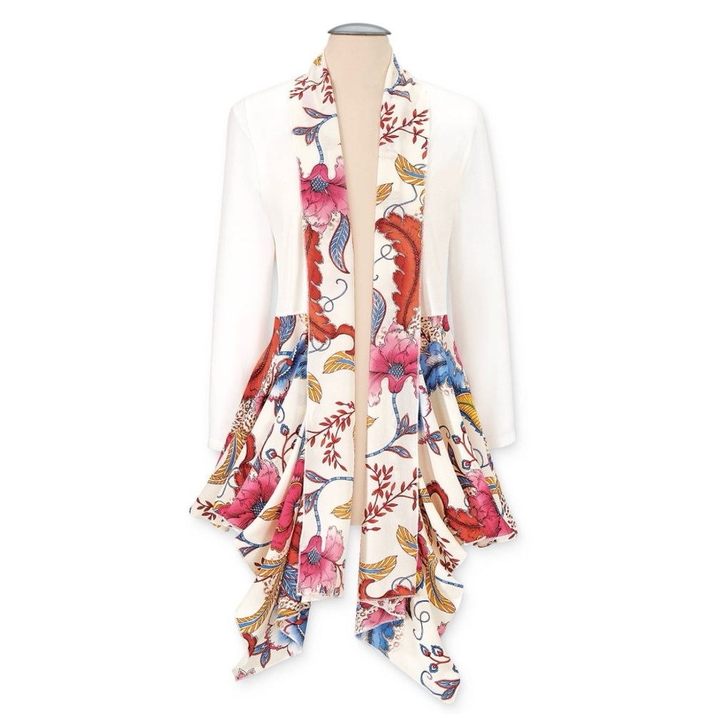 SOLD-Pyramid Collection White/Ivory Floral Waterfall Cardigan Size 2X
